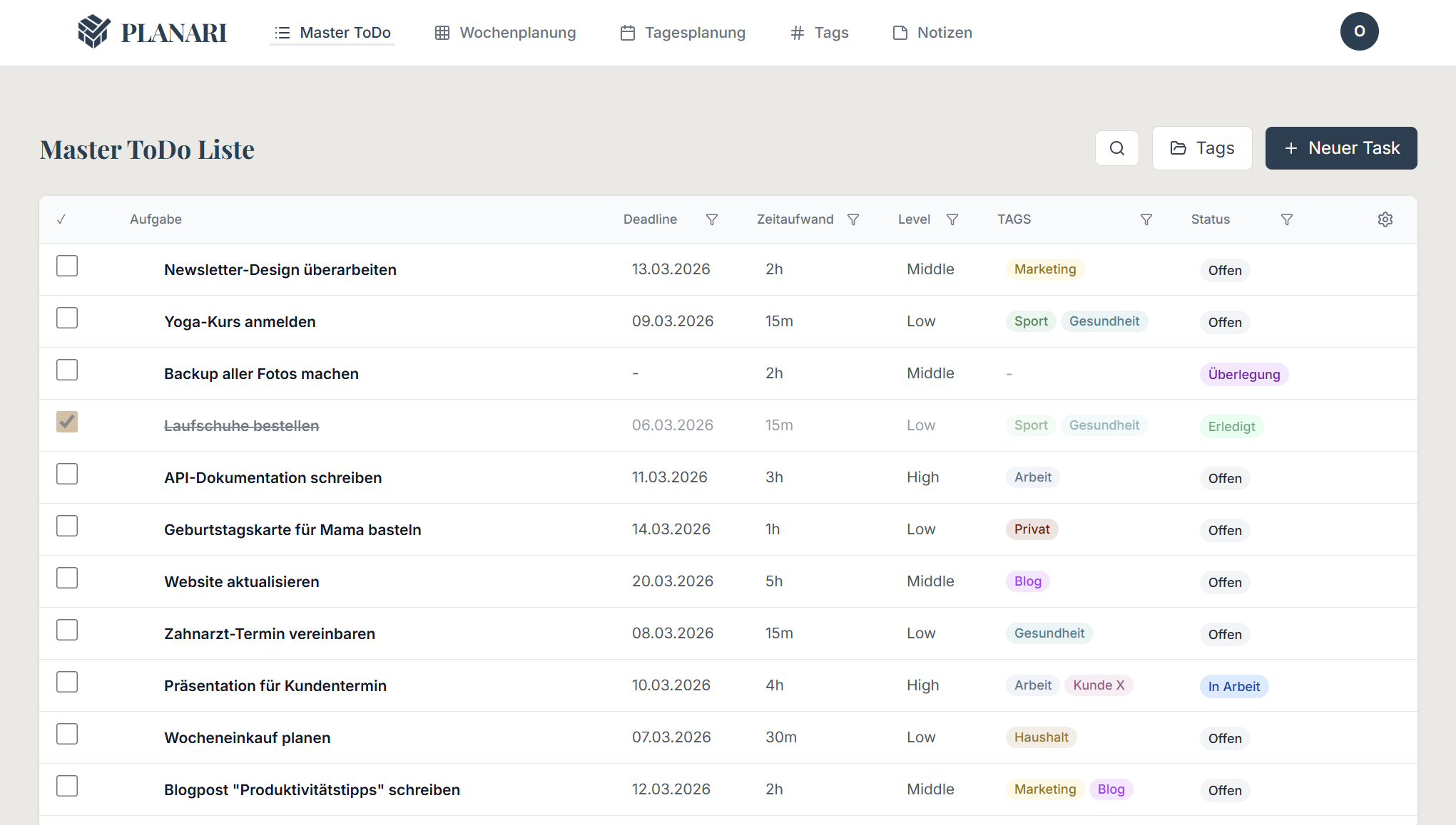 PLANARI Master ToDo Liste